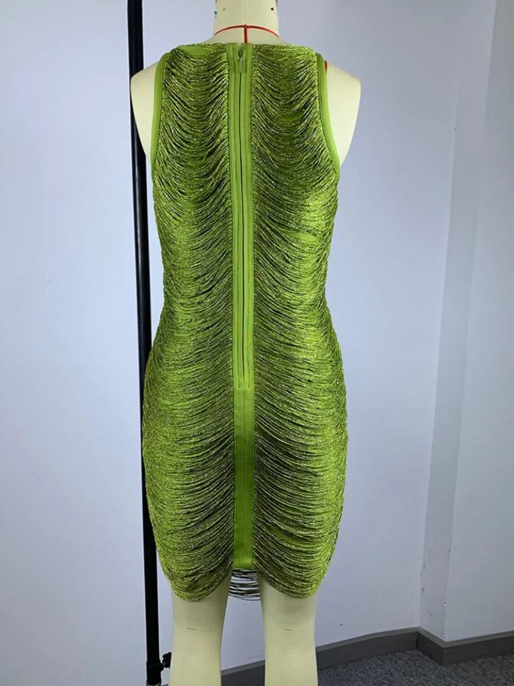 Sexy Lime Green Fringe Layered Sleeveless Bodycon Cocktail Mini Dress